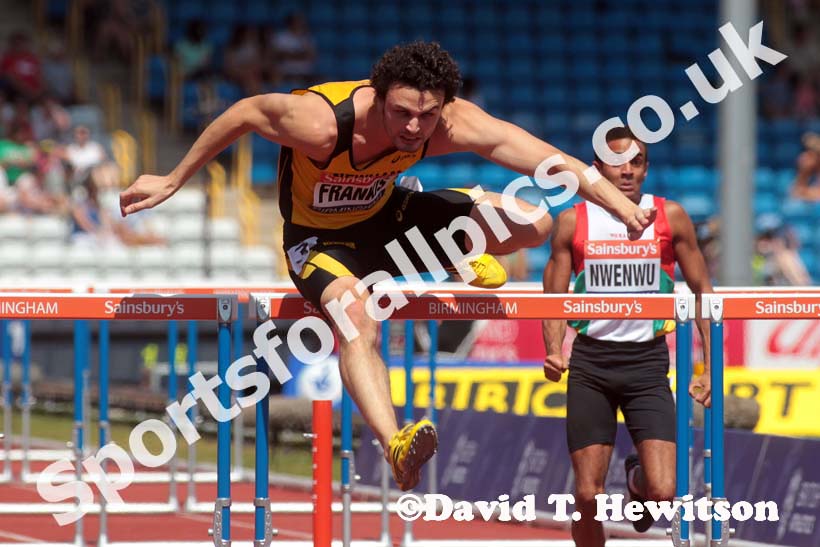 Gianni Frankis in the 110 metres hurdles at the Sainsbury's British Championships, Birmingham.